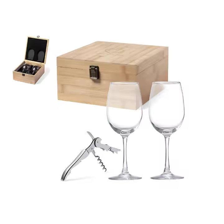 Set de Vinos en Elegante Estuche de Bambú Madera con 2 Copas de Cristal de 350 ml - Accesorios de Acero Inoxidable,  Sacacorchos con Cortacápsulas. Regalos Originales y Prácticos. Soen Shop. - 1