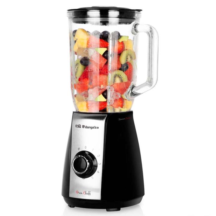 Orbegozo batidora de vaso BV 6575, motor AC, jarra de cristal graduada con 1,5 litros capacidad, frontal inox, cuchilla de 4 hojas con recubrimiento de titanio, 5 velocidades + turbo, función pica hielo, 600 W