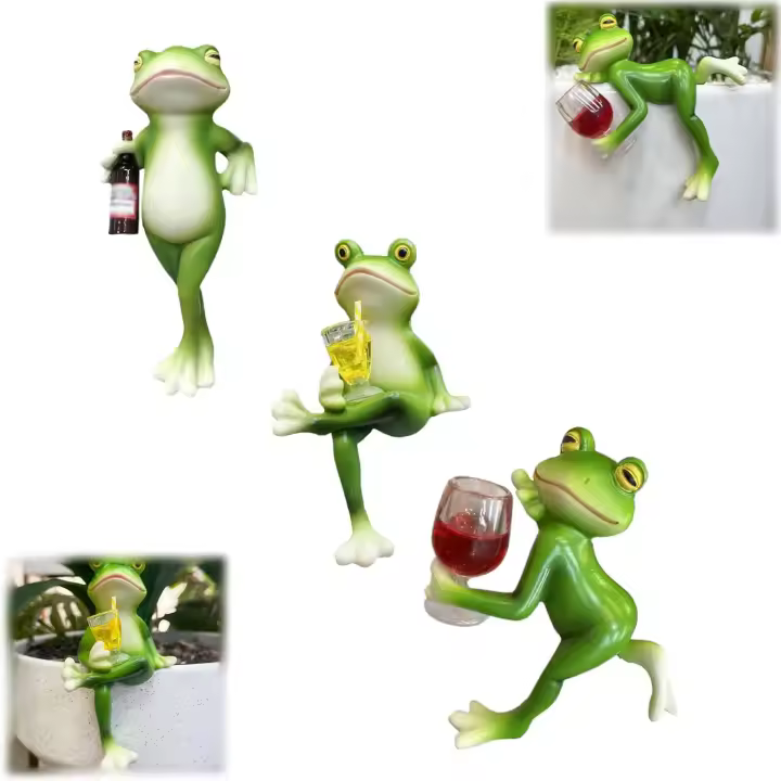 3 estatuas divertidas de rana bebedora, figurita colgante de resina para maceta, decoración para casa, jardín, valla, balcón, patio, césped (1 juego de 3 piezas) - 1