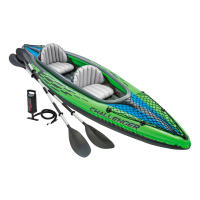 INTEX - Kayak hinchable Challenger K1 o K2, para 1 o 2 personas, con accesorios, remo e hinchador, asiento, respaldo y suelo hinchables, red de sujeción, red porta objetos, diseño verde y negro, con bolsa transporte, kayaks hinchables - details 1