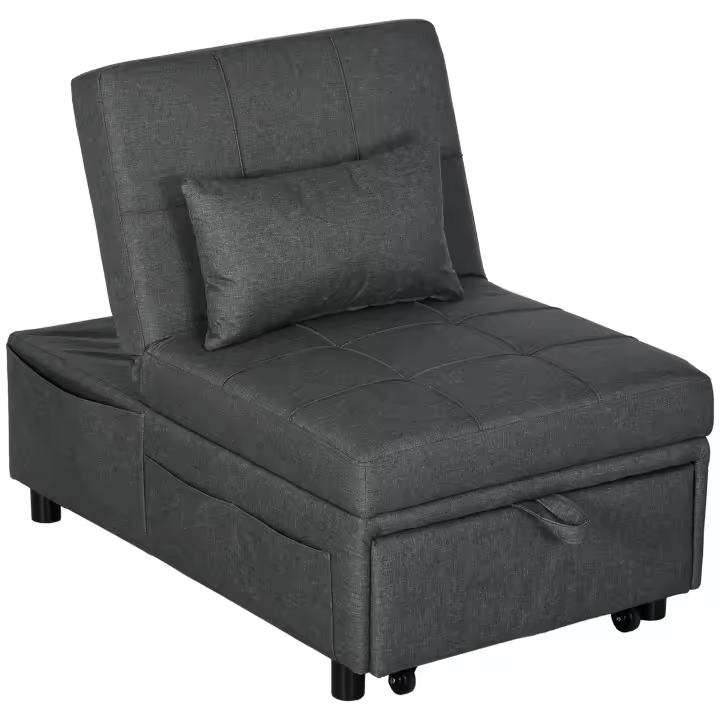 HOMCOM Sillón para Dormir, Sillón Plegable 3 en 1 con Bolsillo Lateral, Cama de Invitados con Almohada, Respaldo Regulable, Sillón Cama con Ruedas, Taburete para Salón, Dormitorio, Gris - 1