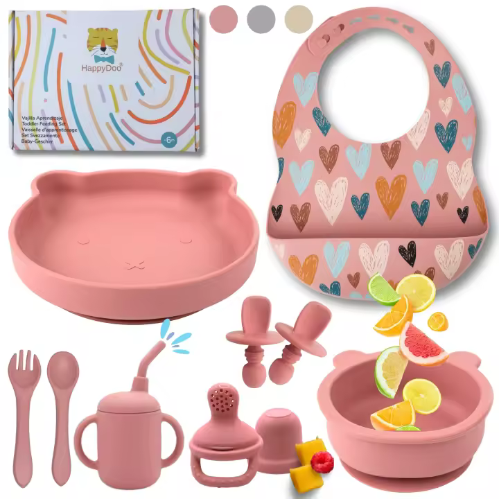 HappyDoo | Vajilla Bebe | 12 Piezas | Vajilla Bebe Silicona | Plato Bebe Ventosa | Cuenco | Vaso Bebe | Babero | Cubiertos Bebe | De Regalo Chupete Fruta | Vajilla Infantil | En Caja para Regalar - 1
