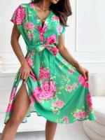 Nuevo Vestido De Verano Para Mujer Con Estampado Floral Cuello V Manga Corta Elegante Con Botones Y Cinturón Estilo Bohemio Midi - details 10
