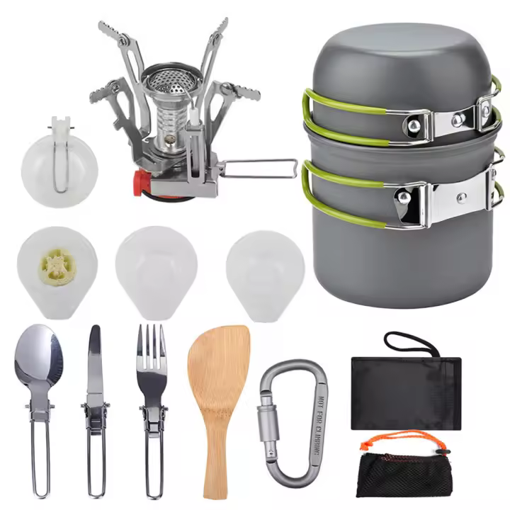 Utensilios Cocina Camping, Camping Kit de Portátil Camping y Sartén de Aluminio, Estufa Trekking,Taza de Acero Inoxidable, Cubiertos Plegable - para Acampada,Excursión,Escalada,Senderismo - 1