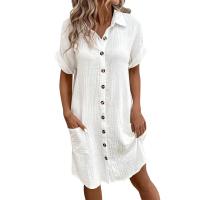 Vestido Elegante De Verano Para Mujer Con Cuello En V Y Mangas Cortas Botones Y Cuello Encogible Vestido De Oficina Para Dama Con Estilo Robe - details 3