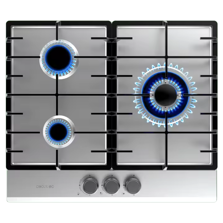 Placa de gas Bolero Squad G 3200F acero inoxidable 3 fuegos 6250W encendido eléctrico y quemador WOK triple corona - 1