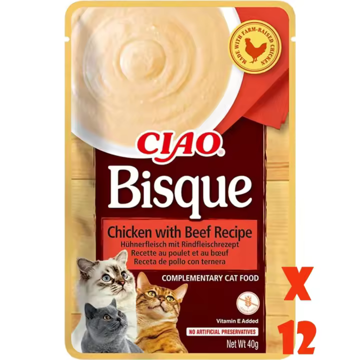 INABA Churu Bisque - Puré para Gatos - Snacks Receta Pollo con Ternera - Sólo 16 Calorías - Caja 12 sobres de 40g - 1