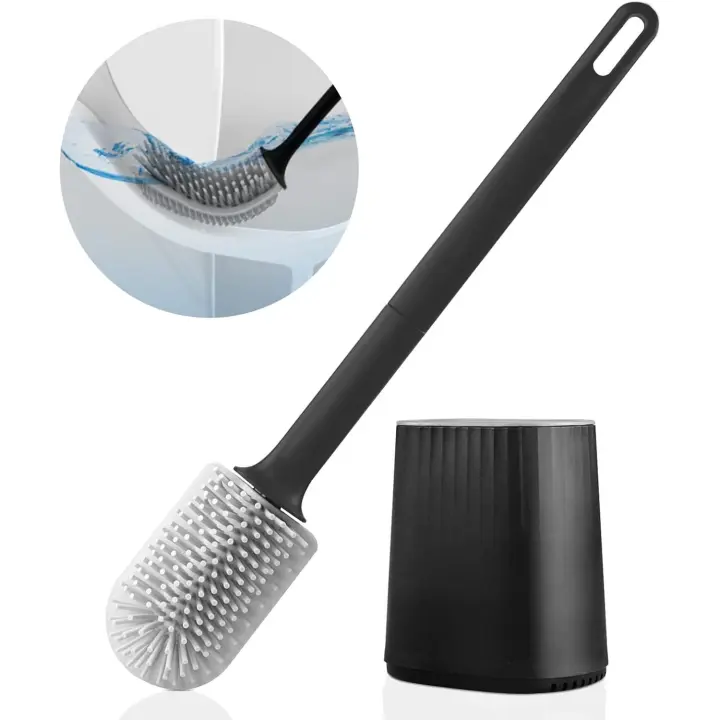 Cepillo de baño, cepillo de baño de silicona con cabezal de cepillo multifuncional 3 en 1 y soporte de secado rápido, cepillo de baño montado en la pared (negro) - 1