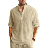 Camisa Henley De Manga Larga Para Hombre Algodón Ligera Transpirable Estilo Callejero Color Sólido Polo Botones Negocios - details 4