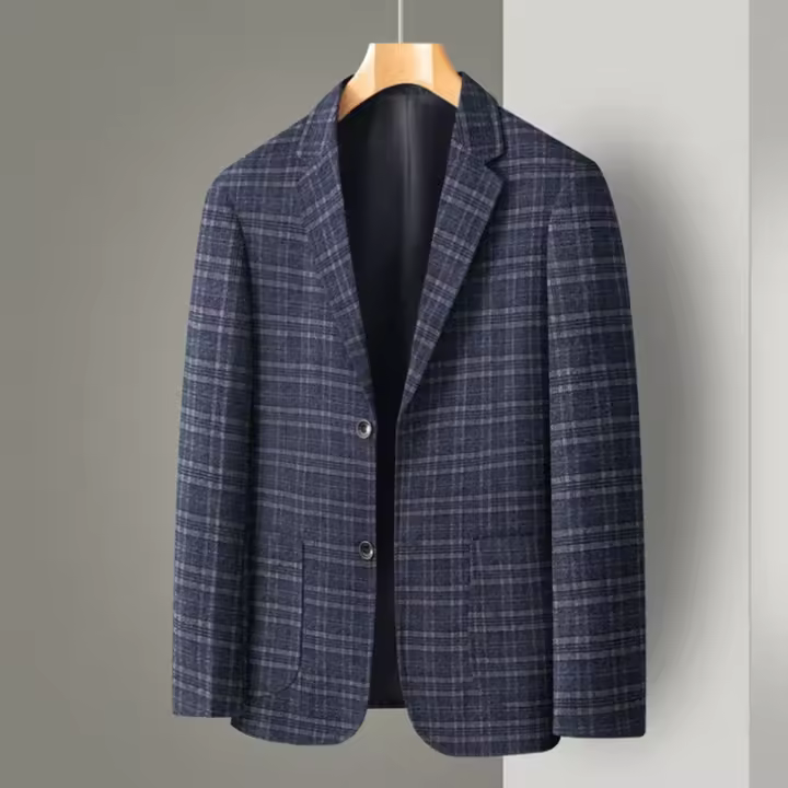 Traje Casual Para Hombre De Textura a Cuadros Azul Oscuro Ligero Para Primavera Y Verano Moda Nueva Y Trendy - 1