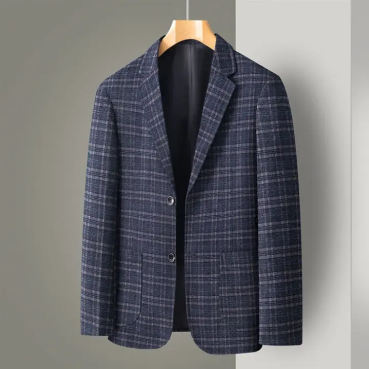 Traje Casual Para Hombre De Textura a Cuadros Azul Oscuro Ligero Para Primavera Y Verano Moda Nueva Y Trendy - 1