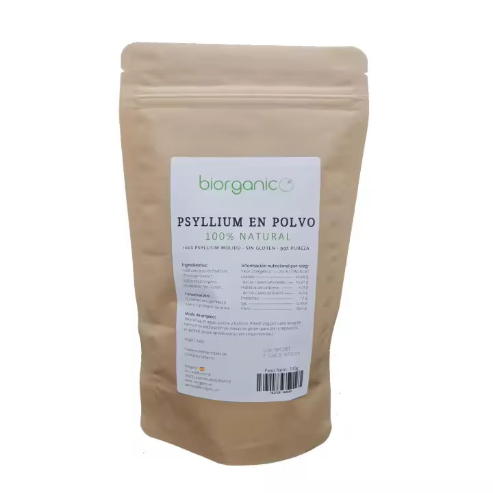 Psyllium en Polvo 200g. Psyllium Indio de 95% Pureza, rico en fibra y vegano. Saciante. Mejora el tracto intestinal. Ideal panes y masas sin gluten. Biorganic, marca española. - 1