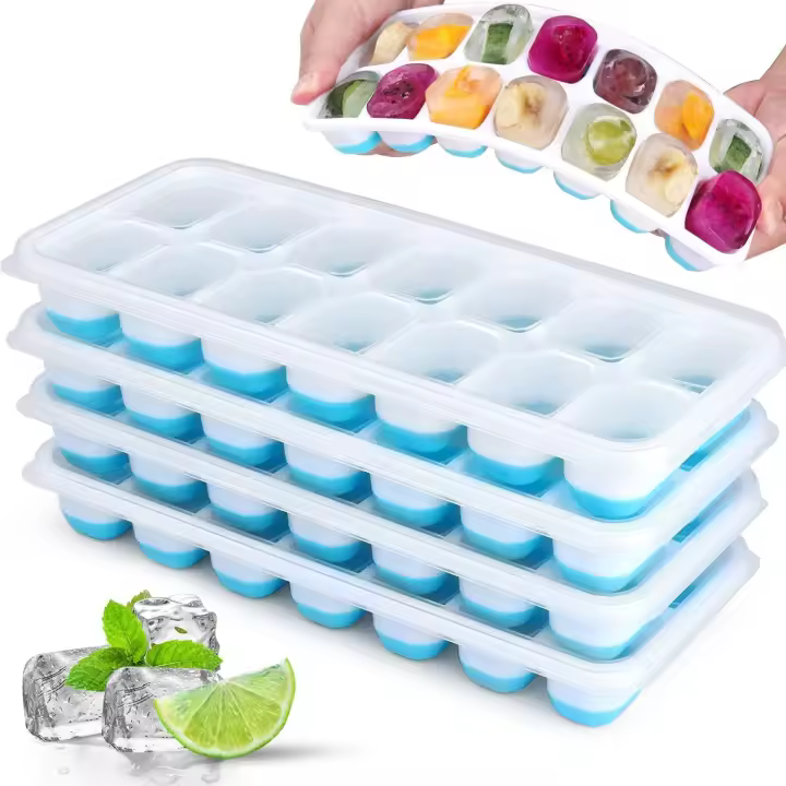 4 Piezas Cubiteras para Hielo con Tapa,  Moldes de Cubitos Hielo Silicona Sin BPA y Certificado LFGB, Fácil Extracción Apilables Bandeja Cubo Hielo Whisky Cola Congelado Azul - 1