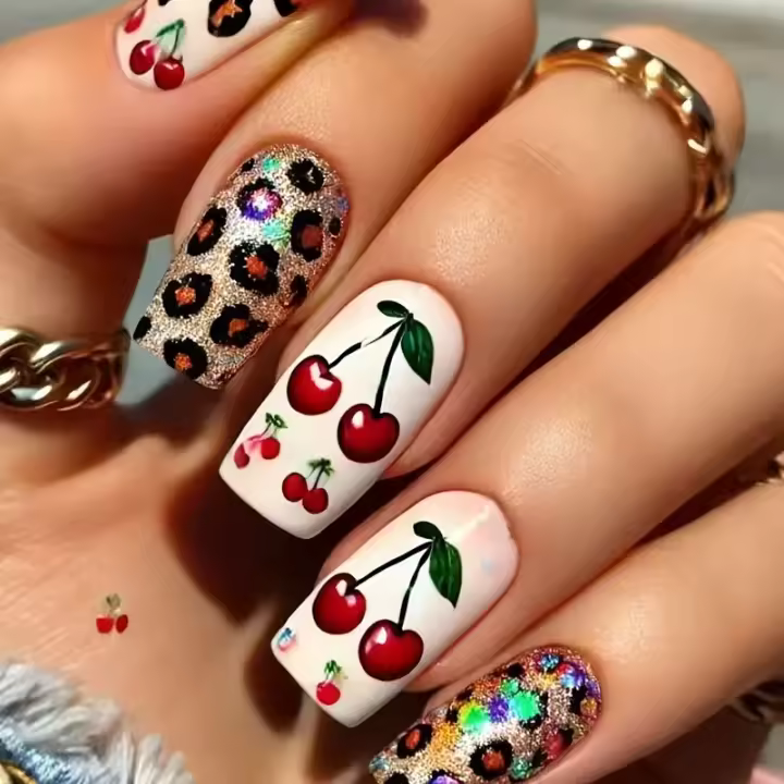 Uñas Postizas De Presión Con Diseño De Leopardo Y Cereza Un Collage Único De Encanto En La Toma De Tus Manos Estilo Francés Material RESIN Origen China - 1