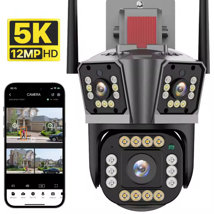 Cámara de vigilancia WiFi para exteriores, cámara IP Wifi 5K HD, lente triple de 12MP, seguimiento automático de vídeo de tres pantallas - 1