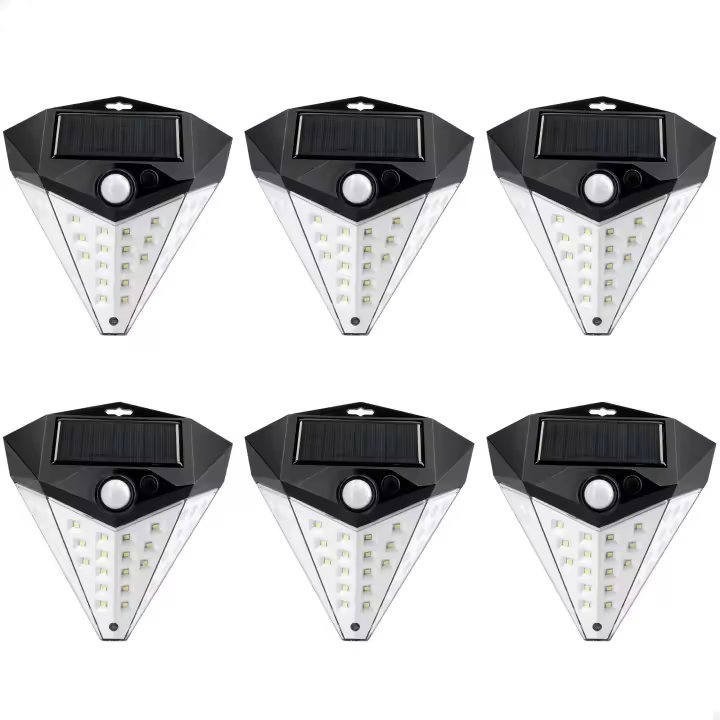 Aktive - Pack 6 Apliques LED solares, 80 lúmenes, sensor de movimiento, 3 intensidades, batería solar, autonomía 6-8 horas, IP44, instalación sin cables - 1
