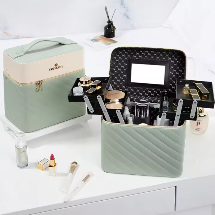Caja De Maquillaje Para Viajes De Gran Capacidad En PU Cuero Portátil Organizador Multicapa De Cosméticos Para Mujeres Caja De Almacenamiento De Toallitas Europeas - 1