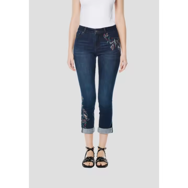 Koroshi - Pantalón vaquero cropped para mujer azul oscuro con efecto push-up y detalles troquelados, 98% algodón, corte slim tobillero - 1