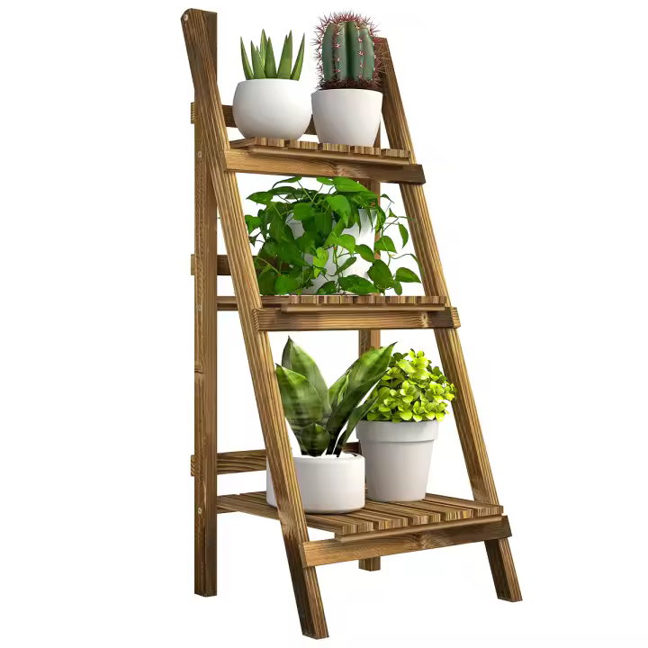 Outsunny Soporte para Plantas de Madera de 3 Niveles, Estantería para Plantas Plegable con Base de Listones, Soporte para Macetas para Interior y Exterior, Terraza, Jardín, 40x37x93 cm, Carbonizado - 1