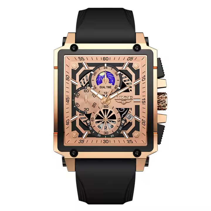 Reloj De Cuarzo Deportivo LIGE Para Hombres Con Correa De Silicona Y Dial Cuadrado Resistente Al Agua Y Al Choque Con Fechas Y Fase Lunar - 1