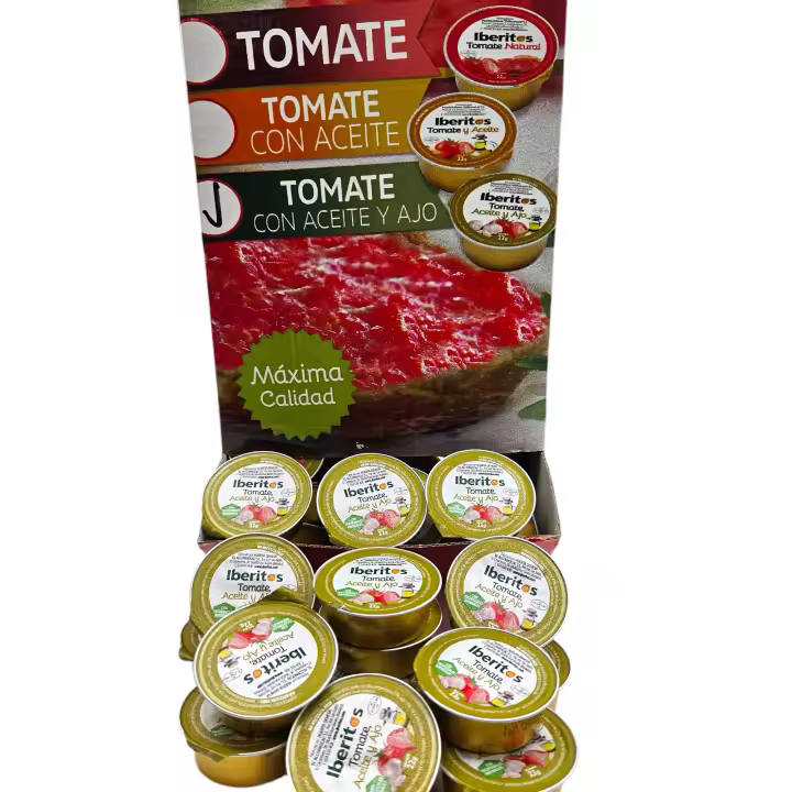 Tomate Natural Rallado con Aceite de Oliva y Ajo Monodosis Iberitos - Expositor con 120 monodosis de 22 gramos - Tomate Natural Rallado con Aceite de Oliva y Ajo - Especial Hosteleria - Totalmente Natural - 1