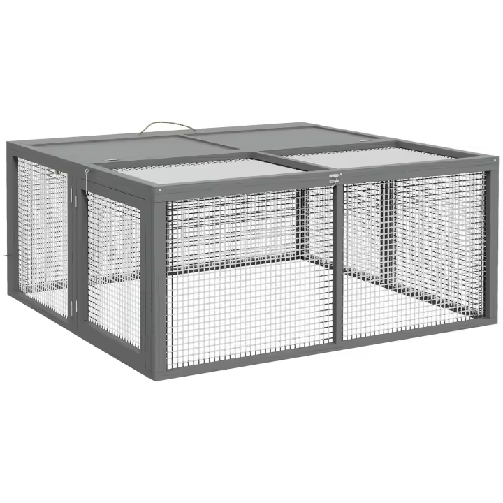 PawHut Jaula para conejos, plegable, con asa y parte superior abatible, de madera, para 2 o 3 conejos, cobayas, 110 x 105 x 50 cm, color gris - 1