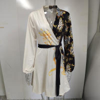 Vestido De Mujer Verano Elegante Con Estampado Largo Cuello V Encaje Casual Vestidos De Cintura Ajustada Moda Europea Y Estadounidense - details 10