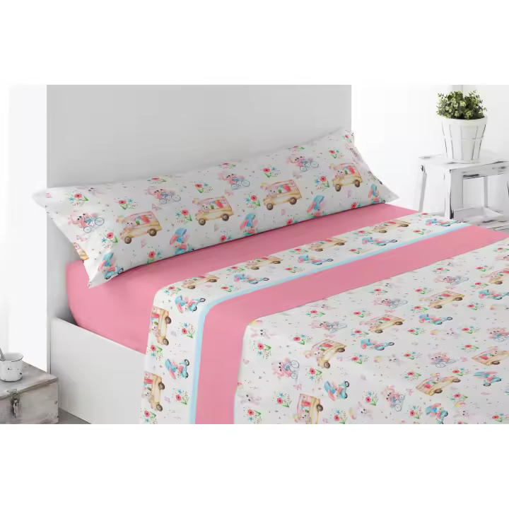 Juego de Sábana Algodón 50% Niño y Niña. Cama de 90  Fino y Ligero, Extrasuave, 3 piezas, Bajera, Encimera, Funda de Almohada.  Conejitos y Océano. No hace Bolas - 1