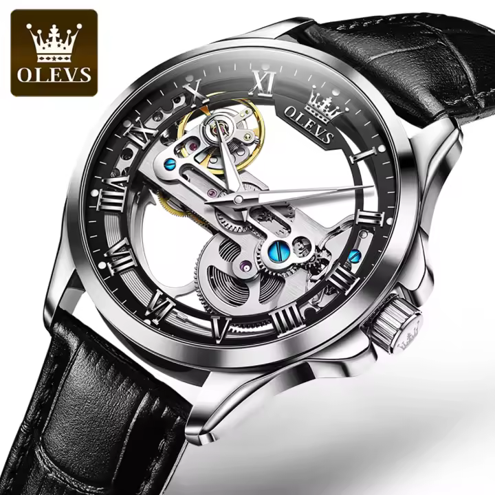 Reloj Mecánico Para Hombre OLEVS 6661 Con Esqueleto Resistente Al Agua Y Luminoso De Cuero Acero Inoxidable Dial Circular De 41mm - 1