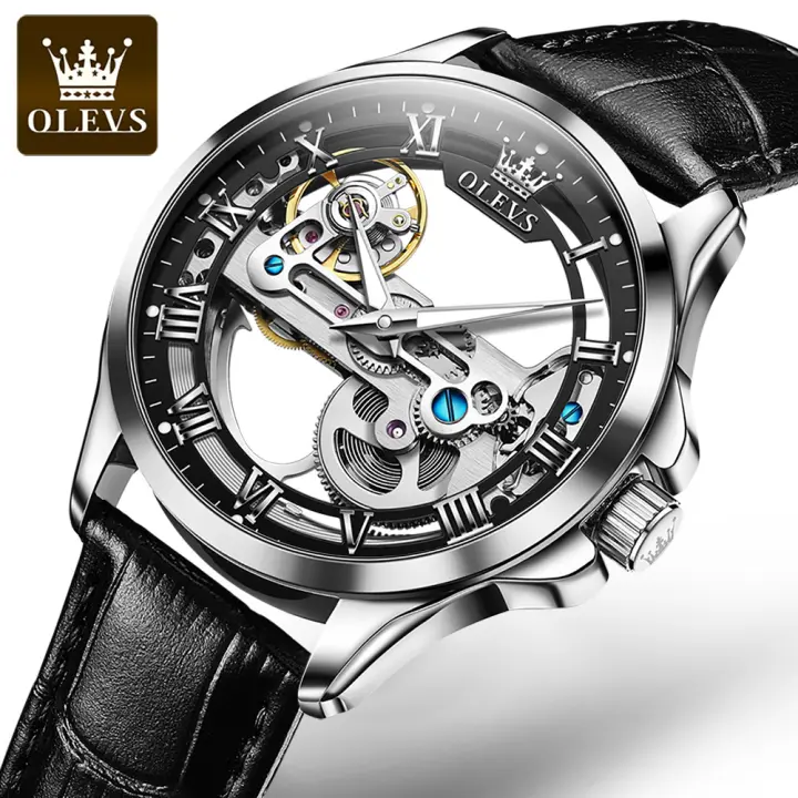 Reloj Mecánico Para Hombre OLEVS 6661 Con Esqueleto Resistente Al Agua Y Luminoso De Cuero Acero Inoxidable Dial Circular De 41mm - 1