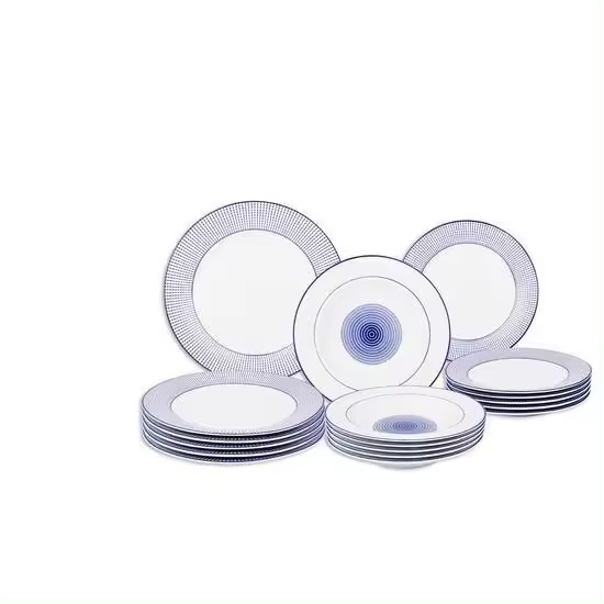 MAXHOME-Vajilla completa de 18 piezas redondas fabricada en porcelana decorada en color azul, Diana santa clara - 1