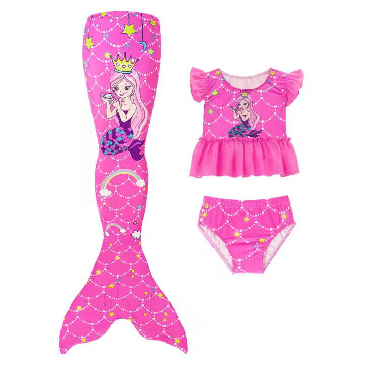 3PCS Traje De Sirena Para Niñas Traje De Baño Princesa Conjunto De Natación Polyester Elastane Estilo Mermaid Summer Swimable - 1