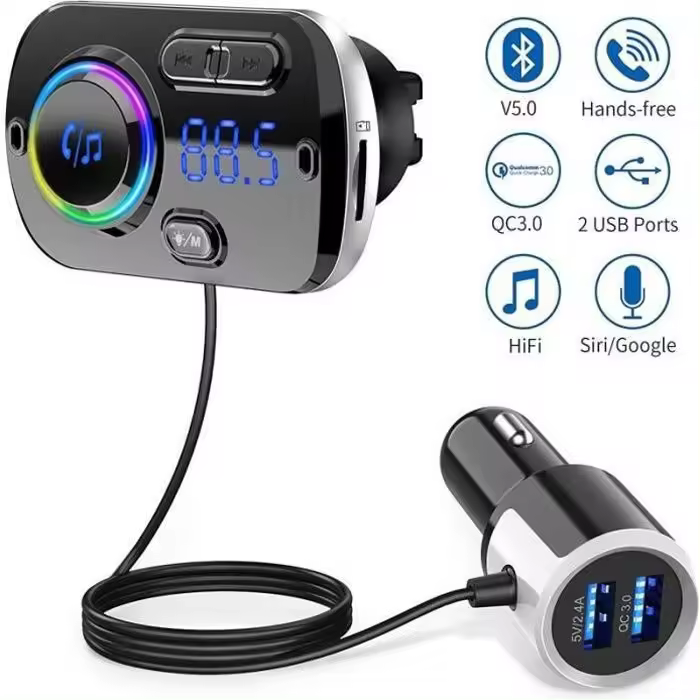 Transmisor FM Bluetooth 5,0, adaptador de radio inalámbrico, Kit Manos libres para Coche, QC3.0 y Luz de Colores - 1