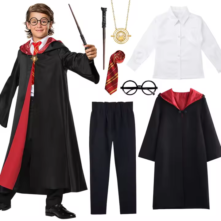 Disfraz de Mago , niño y niña 7 Piezas Disfraz Mago College Cosplay con Capa de Mago, Varita mágica, Gafas, Corbata,camisa collar pantalon Capa Disfraz Halloween Adulto, Disfraz  Halloween, Carnaval - 1