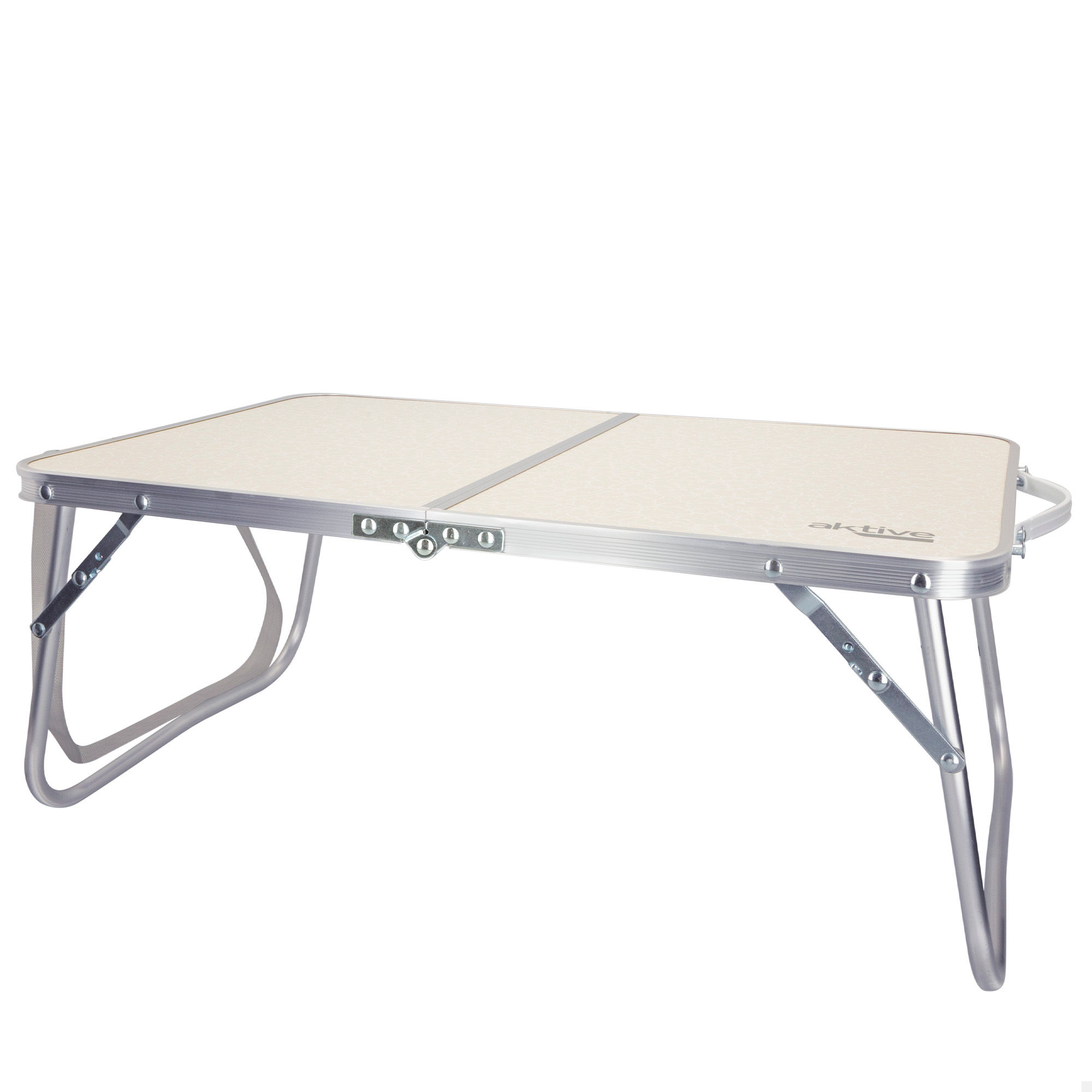 Aktive - Mesa baja plegable camping, color crema, 60x40x25 cm, patas y tablero plegables, máx. 20 kg, aluminio y madera MDF, antideslizante, antivuelco, plegado compacto, mesa portátil, resistente y duradera, cierre de seguridad, asa de hombro y de mano
