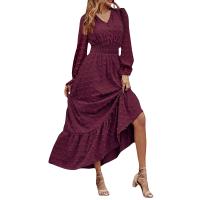 Vestido Bohemio Largo De Maxi Para Mujer Con Cintura Elástica Y Estampado A-Line Manga Larga Vestido De Dama Con Volante Y Hemorragia Suave Para Primavera Y Otoño - details 1
