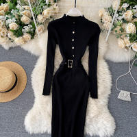 Vestido REALEFT De Punto Para Mujer Con Cuello Alto Y Mangas Largas Estampado Sólido Estilo Casual Vestido De Abrazo Largo Hasta La Rodilla Para Otoño E Invierno - details 31