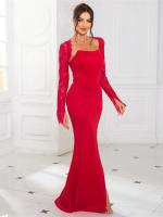 Vestido De Noche De Corte Mermaid Romagic Sin Espalda De Encaje Largo Manga Larga Sin Mangas Para Fiesta De Premio Traje De Baño Con Capa Desmontable - details 5