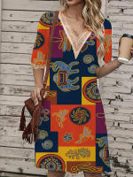 Vestido Corto Impreso Verano Con Cuello V Y Encaje Talla Grande Hasta La Rodilla Para Mujer Estilo Casual Polyester - details 1