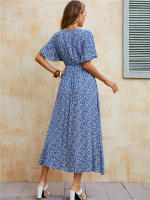 Vestido Bohemio Vintage De Verano Para Mujer Azul Con Cintura Elástica Estilo Casual Vestido De Playa Midi Con Mangas Butterflies - details 4