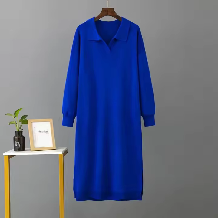 New Straight Long Sweater Dress for Women HLBCBG Autumn Winter Polo Neck Split Side Loose Knit Viscose Mid-Calf Basic Female Dress - 1