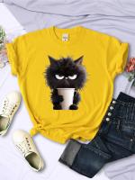 Camiseta Kawaii Para Mujer Con Estampado De Gato Negro Y Taza De Papel Cuello Redondo Transpirable Suave Verano Ropa De Calle - details 8