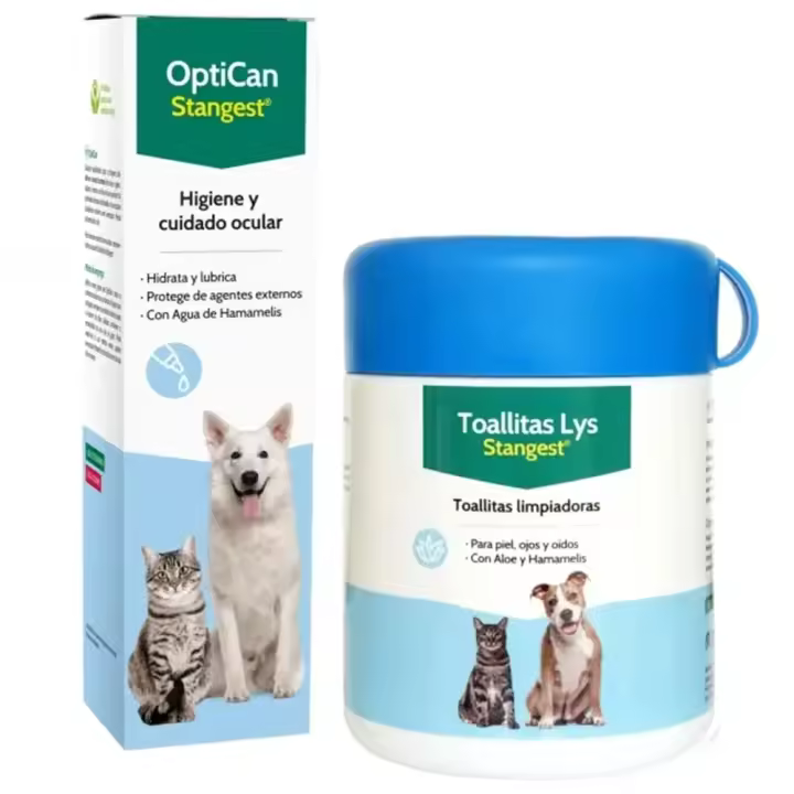PACK OptiCan 125 ml + Toallitas Lys 40 toallitas solución completa para la higiene ocular y auricular de perros y gatos Stangest - 1