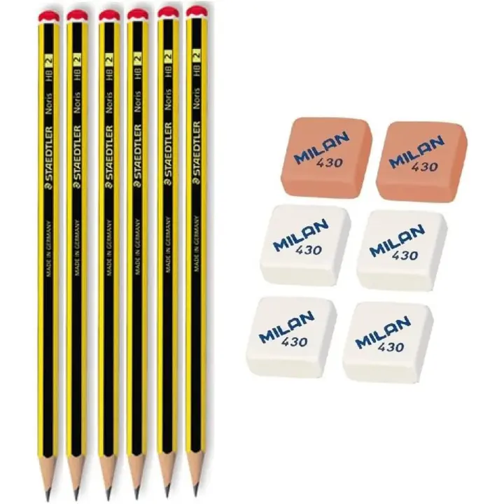 Staedtler 6x Lapiceros Lápices Noris HB 2 + Milan 6x Gomas de Borrar Migas de Pan 430 Cuadrada Muy Suave - Goma y Lapicero Ideal para el Colegio, Recambio. Vuelta al Cole, Colegio, Material Escolar Oficina Primaria, Secundaría y Universidad - 1