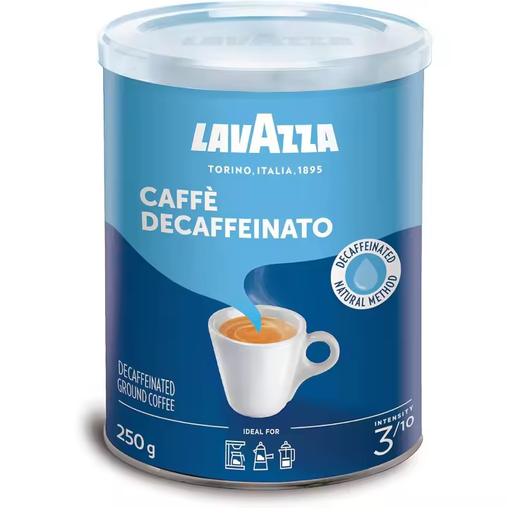 Lavazza, Caffè Decaffeinato, Café Molido Natural Descafeinado, para Cafetera Italiana, de Filtro y Francesa, Notas Aromáticas de Frutos Secos, Arábica y Robusta, Intensidad 3, Tueste Medio, Lata de 250g - 1