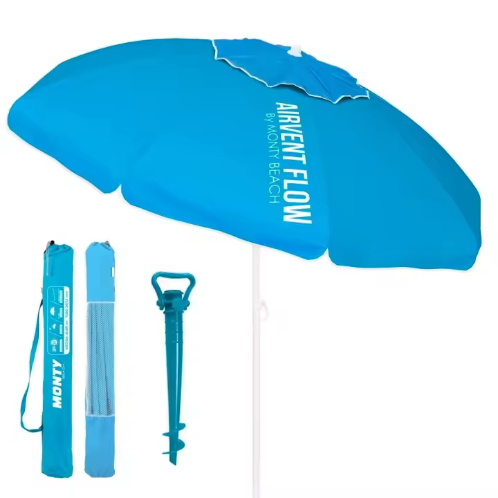 Sombrilla playa 220 cm y soporte arena, protección UV+50, sombrilla antiviento, varillas flexibles fibra vidrio, techo ventilación, mástil inclinable y regulable altura, bolsa transporte - 1