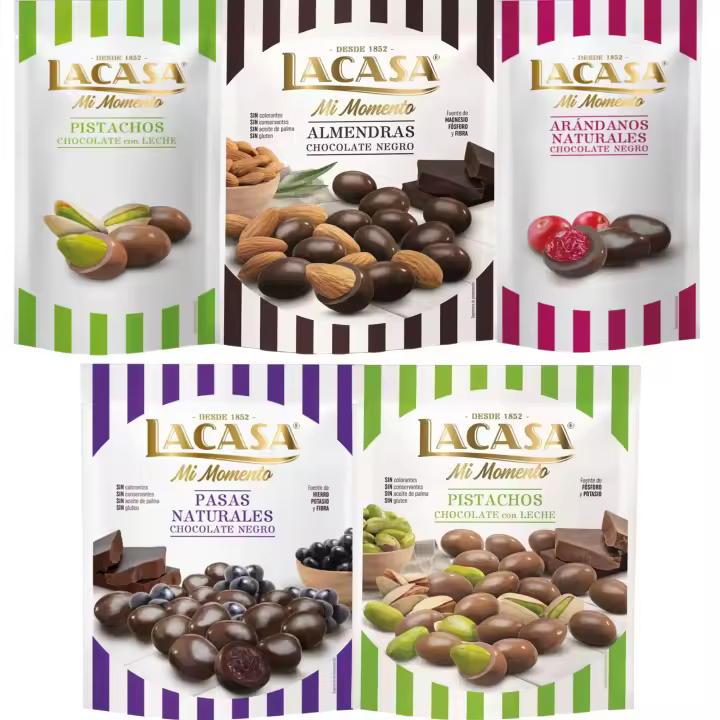 Lacasa Mi Momento pack de 5:Arándano choco Negro 60G,Pistacho Leche 50G,Pasas choco Negro 150G,Almendra choco Negro 125G,Pistacho Leche 100G - 1