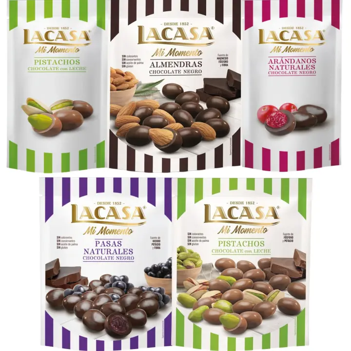 Lacasa Mi Momento pack de 5:Arándano choco Negro 60G,Pistacho Leche 50G,Pasas choco Negro 150G,Almendra choco Negro 125G,Pistacho Leche 100G - 1