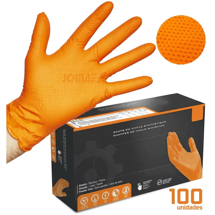 JOMAFA - Guantes de Nitrilo DIAMANTADOS GRIP Super resistentes Reutilizables NARANJAS 7 micras / 8´5 gramos, pack de 100 (90XL) T.L - 5274 - 1