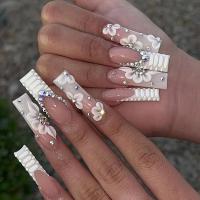 Juego De 24 Uñas Postizas Con Diseño De Flor Y Forma De Coffin Largas Ballerina Frases Francesas Acrílicas Cubiertas Por Encima Para Uñas Artísticas - details 7